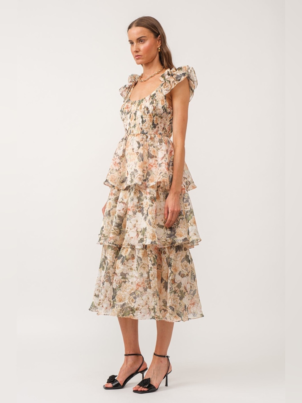 Sophie Forever & Always Organza Midi Dress Med Floral Smocked Tiered Cottagecore - Picture 11 of 14